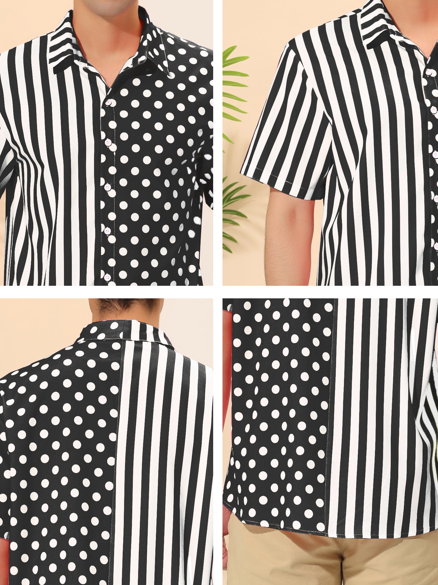 Unique Bargains Men's Summer Stripe Polka Dots Short Sleeves Button Patchwork Shirt XL Black White
