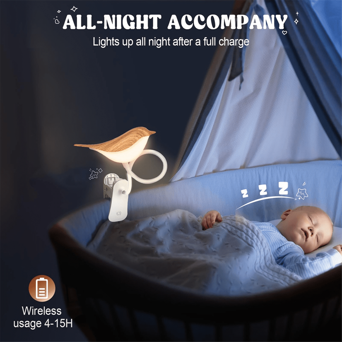 Small Bird Lamp,Dimmable and Cordless Bird Night Light, USB Rechargeable Touch Sensor Control Table and Desk Lamp,1 * night light 1 * USB cable,White & Wood Grain