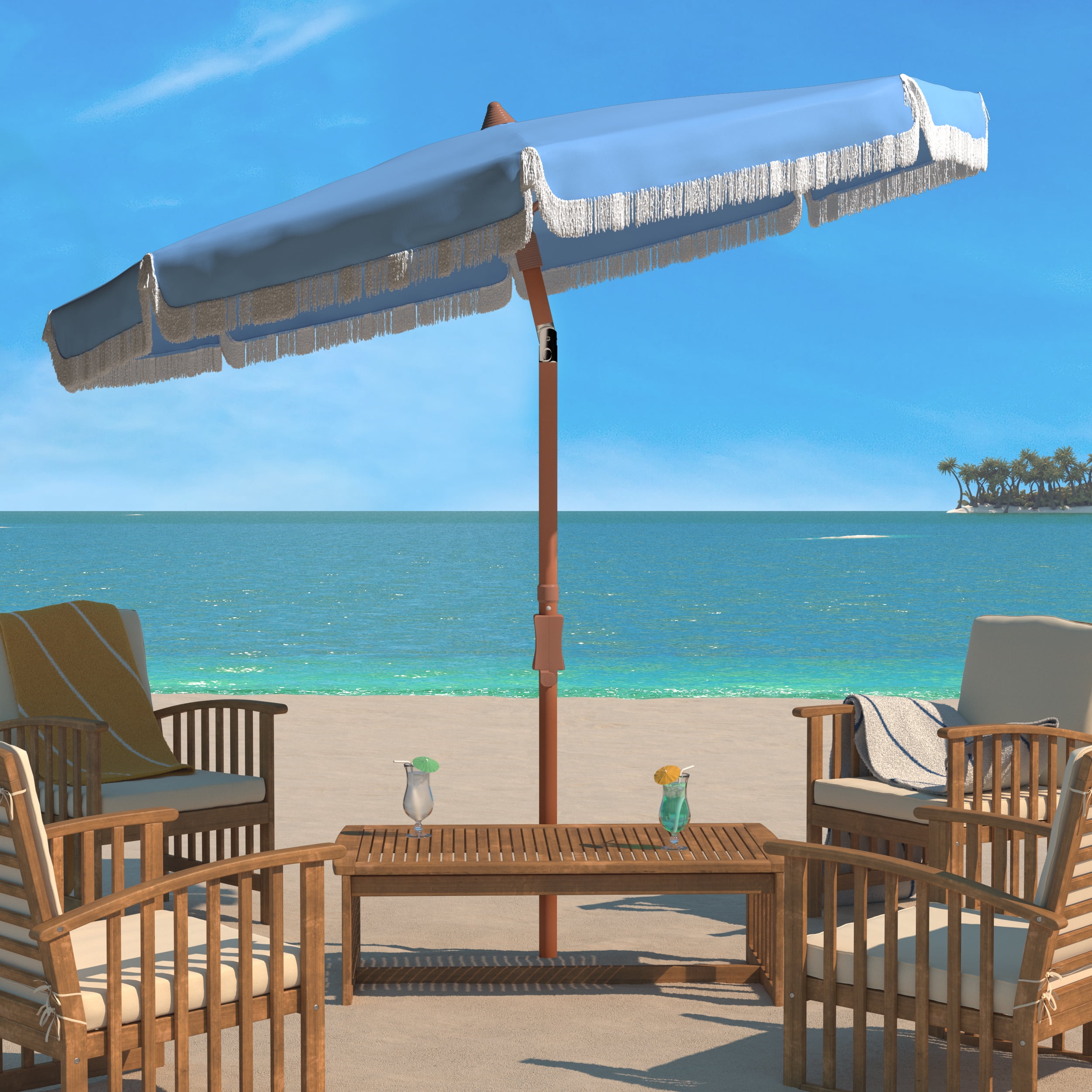 SAFAVIEH Estonia 6.5' Fringe Beach Patio Umbrella, Light Blue