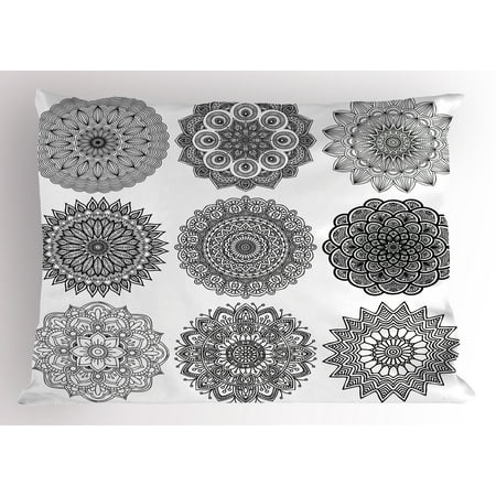 Henna Pillow Sham Ornamental Mandala Design Symmetric Ethnic Motifs Islamic Arabic Ottoman Inspiration, Decorative Standard Queen Size Printed Pillowcase, 30 X 20 Inches, Black White, by