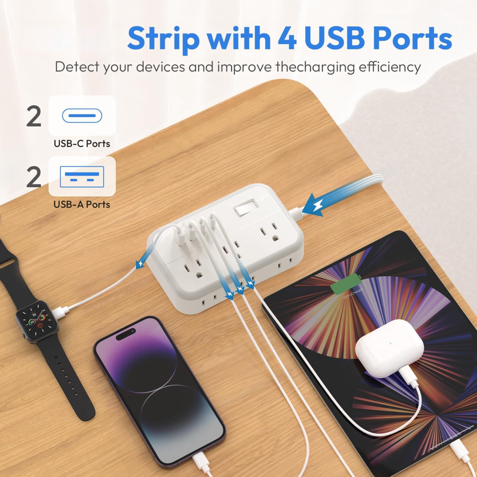Power Strip 10 Ft  Flat Plug Extension Cord With 6 Outlets 4 Usb Ports Outlet Extender Long Overload Protection Multiple For Indoor Home Office