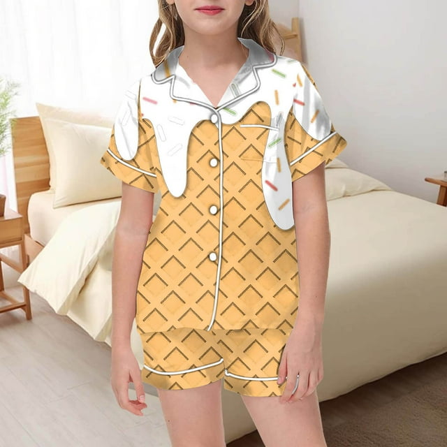 Ensemble de Pyjama de Noël pour Enfants Imprimé Filles Pyjamas en Satin Manches Courtes Ensemble de Pyjamas 2 Pcs Tenue de Noël Fille Pyjamas de Noël Enfants 4-5 Ans