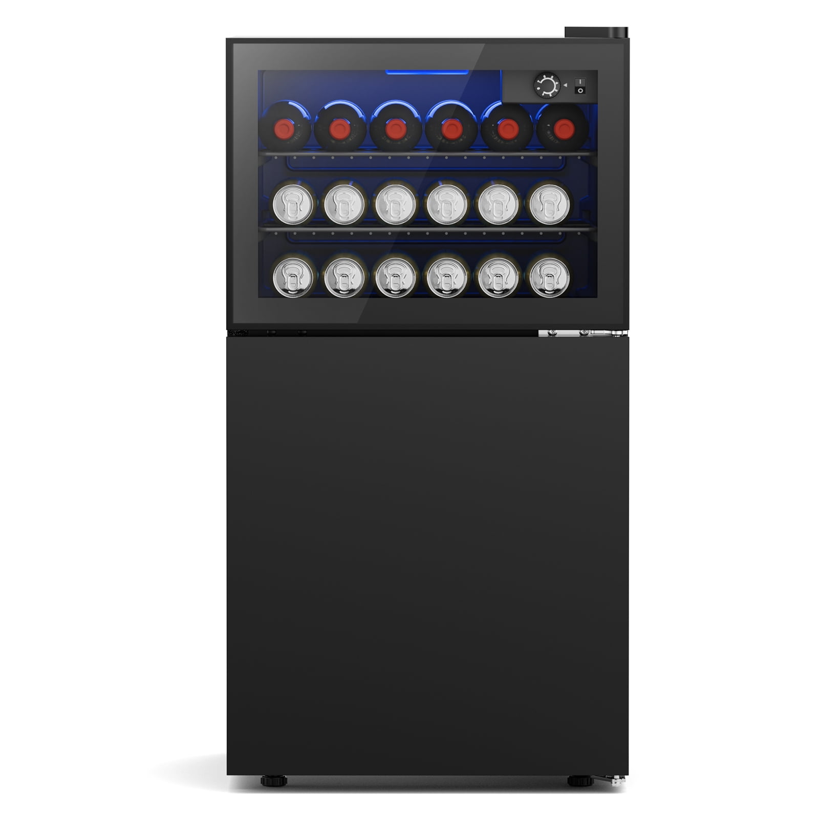Snowyermine 2.6 Cu.Ft Beverage Refrigerator with Bottom Freezer, Dual-Zone Mini Fridge with Glass Door & LED Light, Freestanding for Home, Office, Dorm