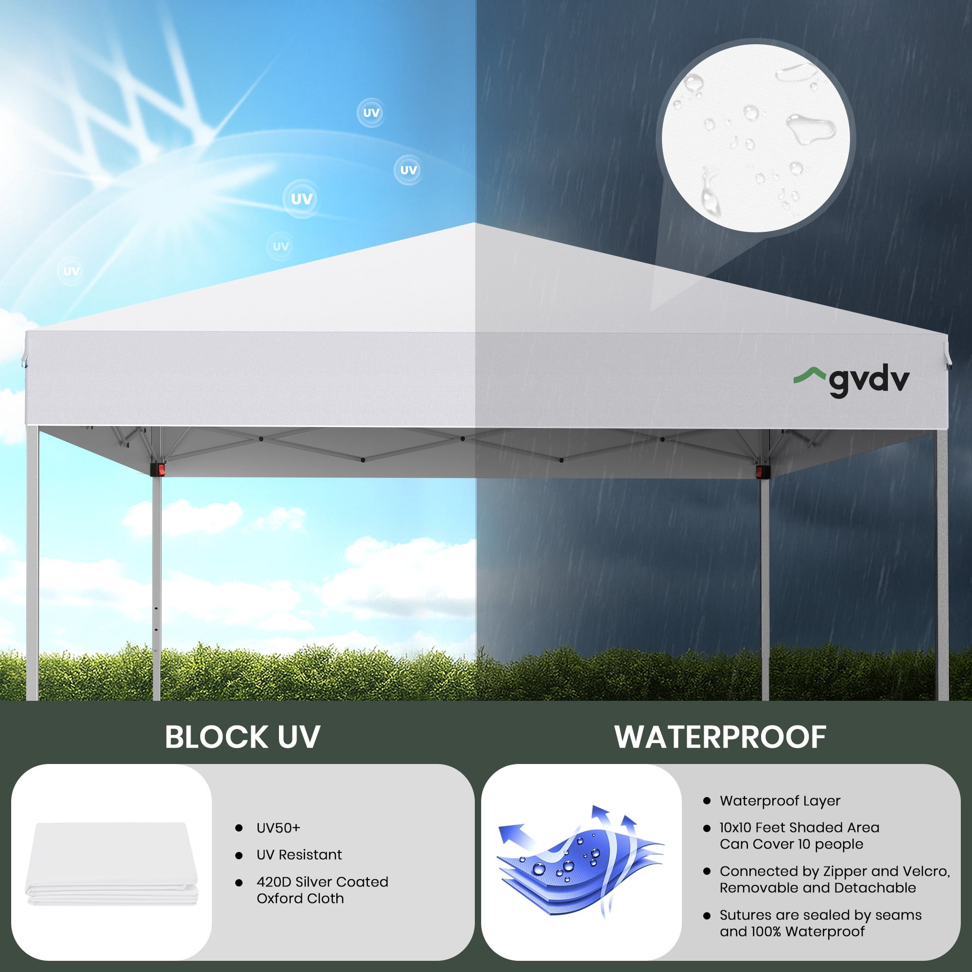 GVDV 10 ft x 10 ft Easy Pop up Outdoor Canopy Tent, Straight Legs Instant Canopy for Outside with Carrying Bag, White