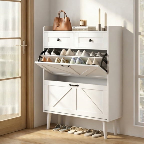 Monteka Shoe Cabinet with 2 Flip Drawers & 2 Top Drawers, Freestanding Hidden Shoe Storage Organizer for Entryway, Hidden Slim Shoe Rack for Front Door Entrance, Hallway, Living Room, White