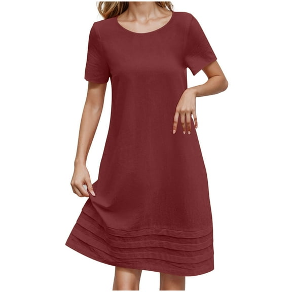 AherBiu Summer Dresses for Women Crewneck Short Sleeve Cotton Linen A-Line Casual Fitting Lightweight Midi Dress