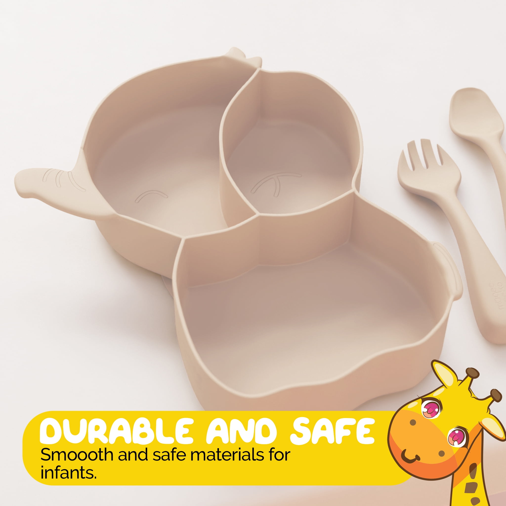Toddler Dinnerware Set by Muqee Peeko in Beige Color with Suction Tray and Baby Utensils - (3 Piece Set)