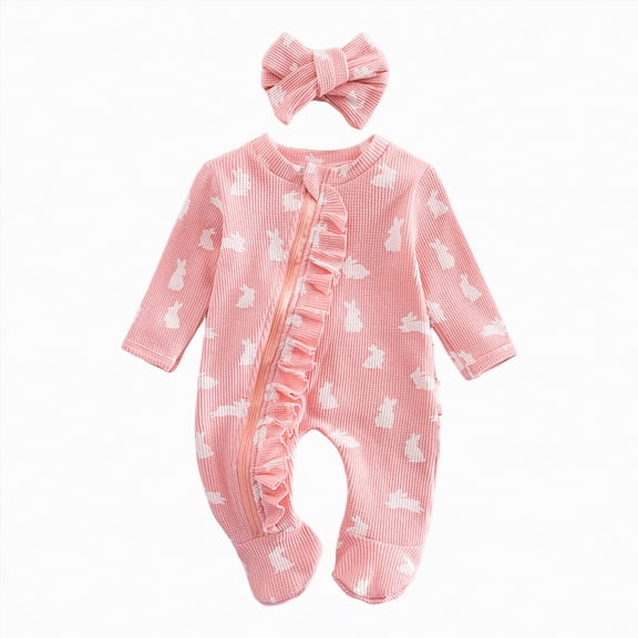 mgoYE Newborn Baby Girl Easter Outfit Ruffle Bunny Print Romper Waffle Jumpsuit Coming Home Outfit with Headband(Pink,0-3 Months)