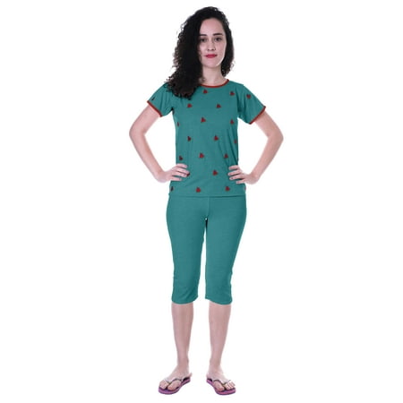 

Moomaya Nightwear Set Watermelon Embroidered Capri T-shirt 2 Pcs Set Sleepwear