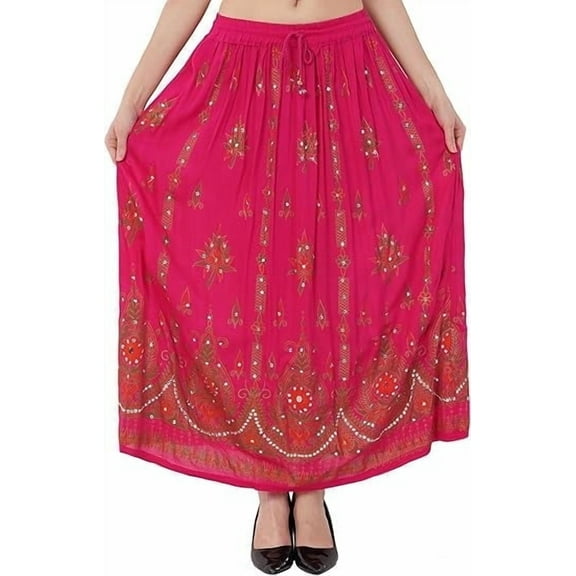 Women's Tie Dye Yoga Skirt with Sequined Crinkle Broomstick Gypsy Design Pink