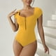 thumbnail image 2 of Traje de baño de una pieza para mujer Cremallera Sin espalda Manga corta Cuello en U Color puro Traje de baño de una pieza para natación de verano Playa Amarillo S, 2 of 6