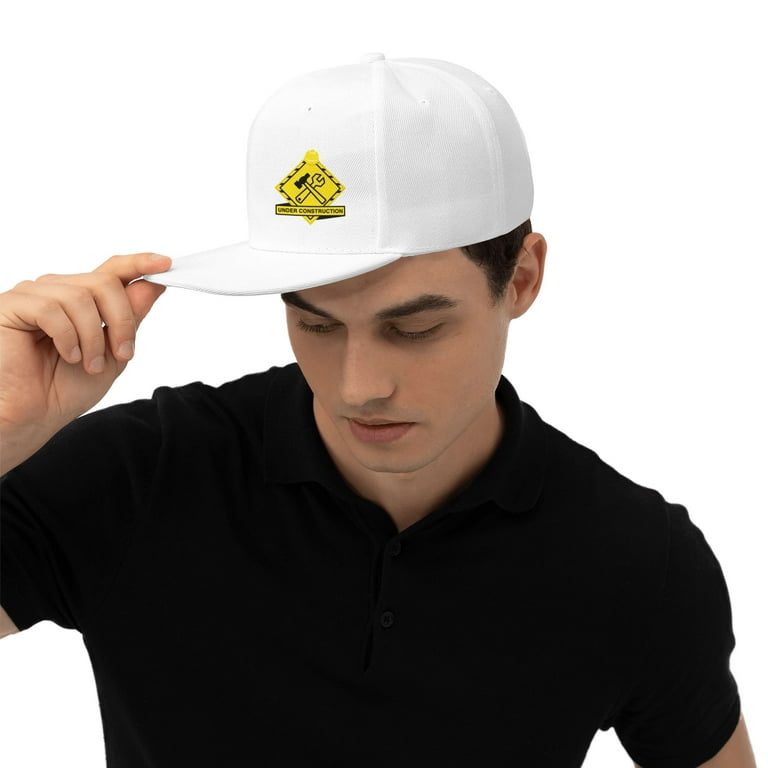 Tequan Flat Brim Hat Snapback Hats, Under Construction Building Pattern Adjustable Men Baseball Cap (White), Men's, Size: One Size