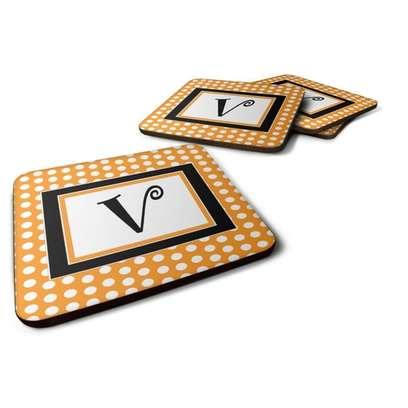 Letter V Initial Monogram - Orange Polkadots Foam Coaster Set of 4