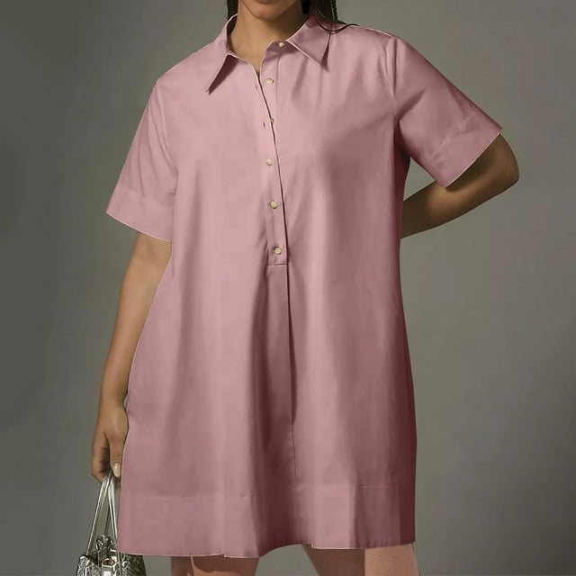Gspmoly Robes Grande Taille pour Femmes aux Formes, Robe Chemise Décontractée de Printemps/été pour Femmes, Ample, à Manches Courtes, avec Boutons et Poches, Robe de Cocktail jusqu'à 70 % de Rabais