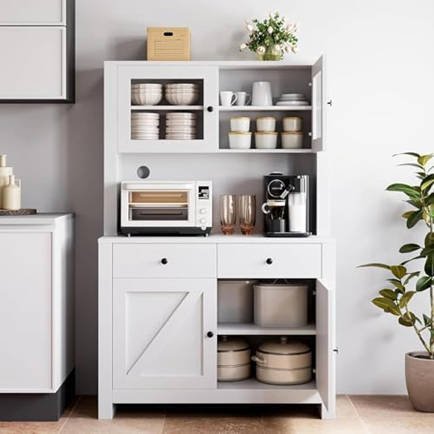 Affordable Choices Versatile Kitchen Food Cabinet with Microwave Stand – Freestanding Storage Cabinet with Drawers and Adjustable Shelves, Perfect for Dining Rooms and Buffets, White Finish