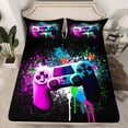 thumbnail image 2 of Manfei Pink Blue Game Controller Bed Sheets, Teens Gamer Gaming King Sheets, Modern Watercolor Graffiti Sheet Set Breathable Home Decor 4pcs, 2 of 7
