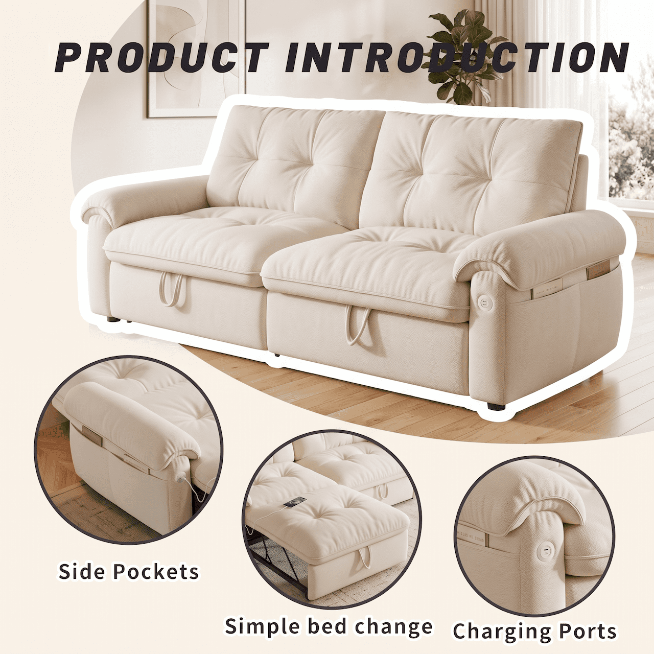 Xiweot Convertible Sleeper Sofa Bed, 77" Queen Size Pull Out Couch Bed with Adjustable Backrest, USB Ports & Side Pocket, Velvet Loveseat Sleeper for Living Room Small Space (Beige)