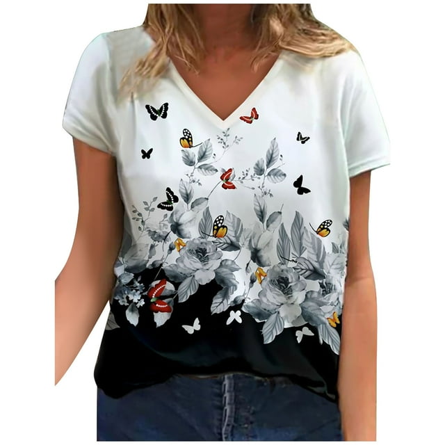 Pompotops T-Shirt Ample à Manches Courtes Imprimé Fleuri d'Été pour Femmes