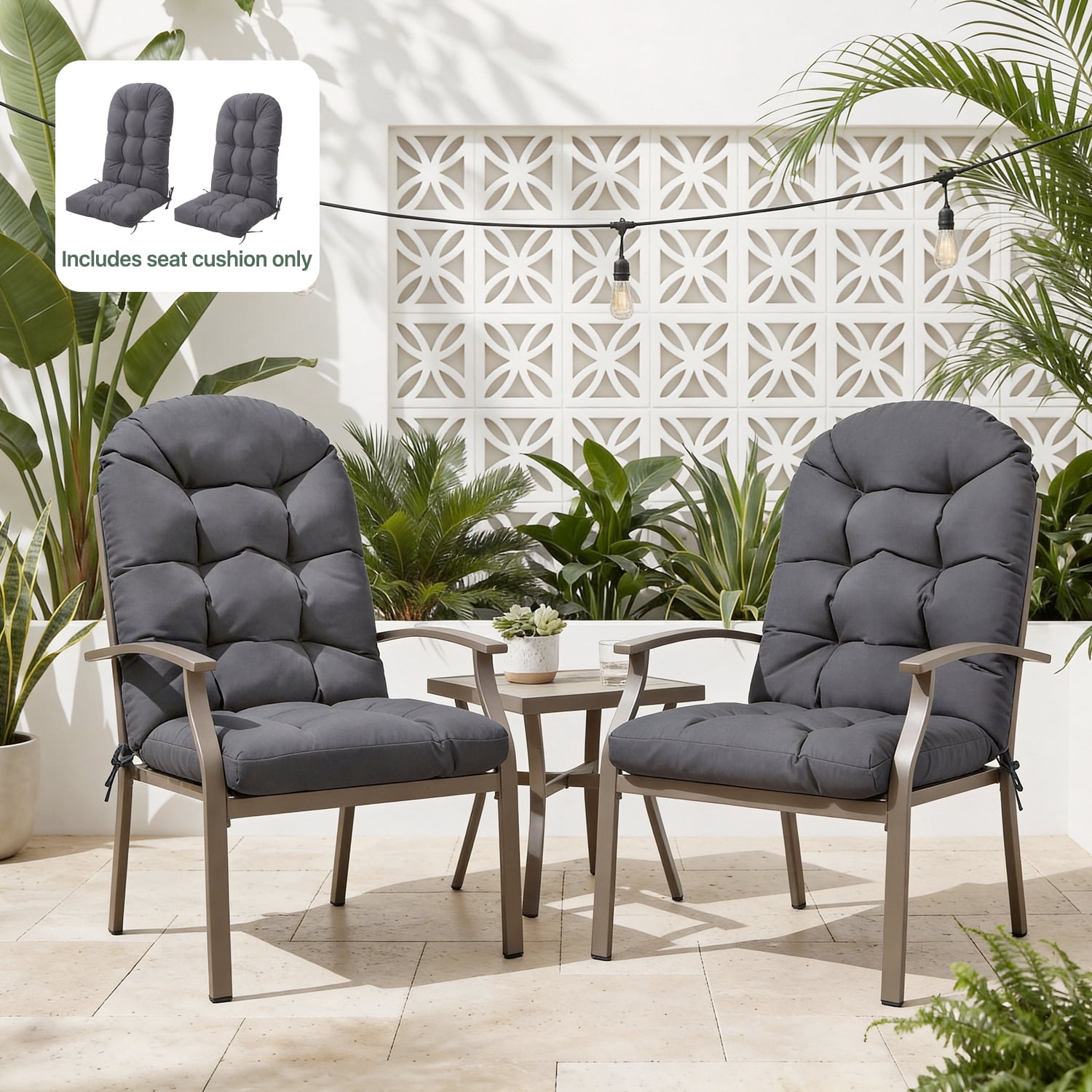 BaPiPro High Back Outdoor Chair Cushions Gray Set of 2 Water-Resistant Polyester with Ties No Assembly Patio Poolside