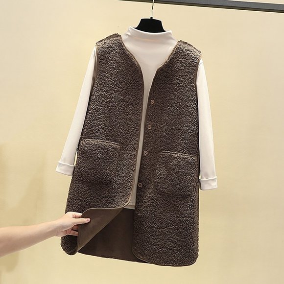 Gilet Long Décontracté pour Femme, Couleur Unie, en Poil d'Agneau, Rond, à Nouer, avec Poches, Chaud, Ample