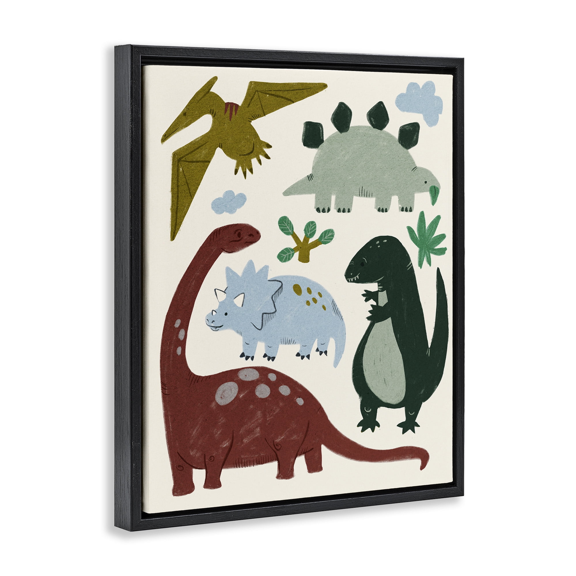 Stupell Industries Colorful Cartoon Dinosaur Friends Animals & Insects Painting Black Floater Framed Canvas Art Print Wall Art, 25 x 31