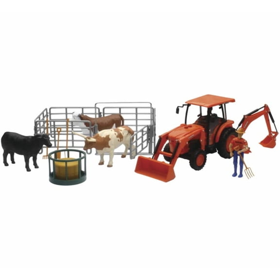 NewRay Kubota Farm Tractor with Cow Playset, 15.25 x 4 x 5.25 inches