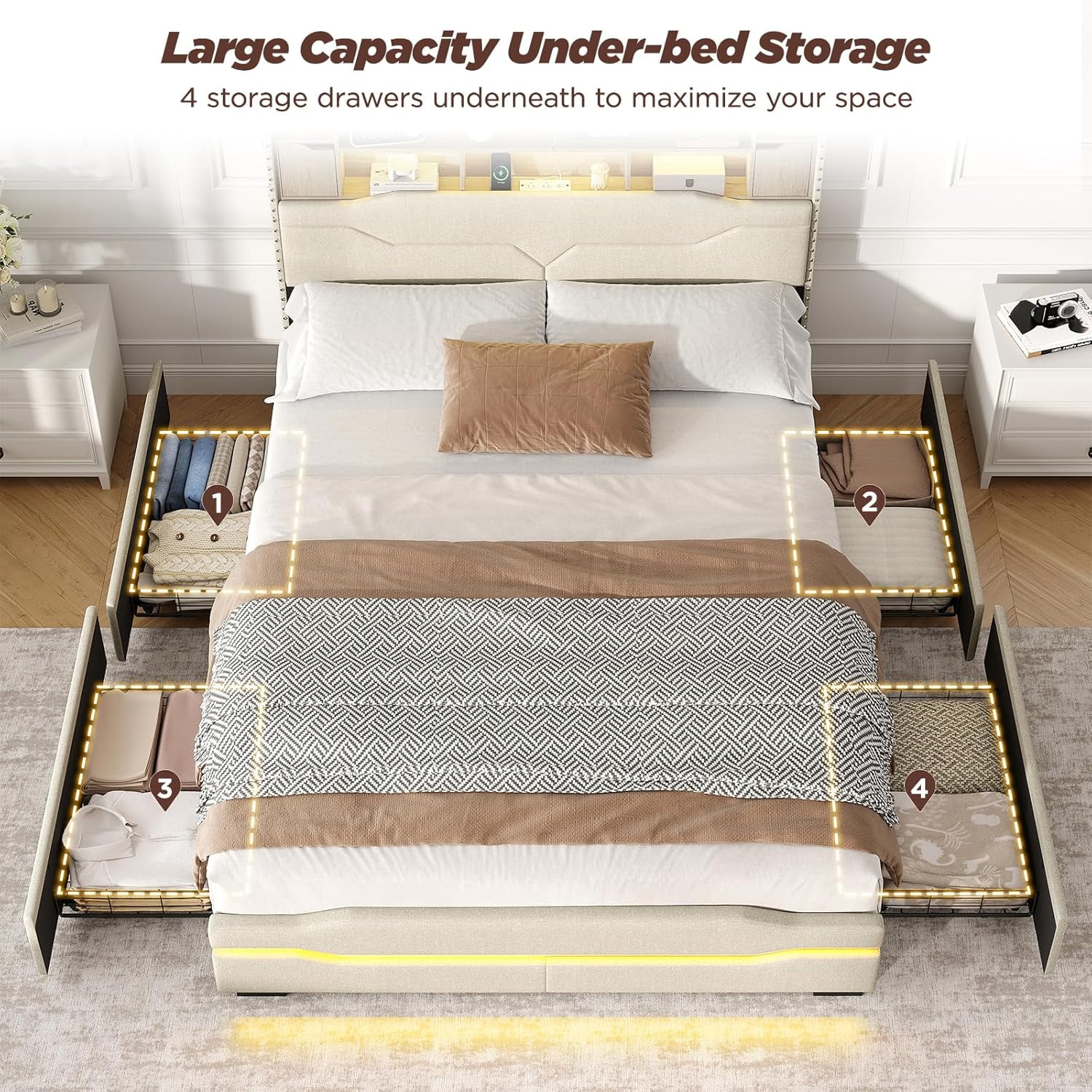 Vabches Queen Bed Frame with LED Lights & Charging Station, Upholstered Headboard Bed with 4 Large Storage Drawers & Metal Support Base, No Box Spring Needed
