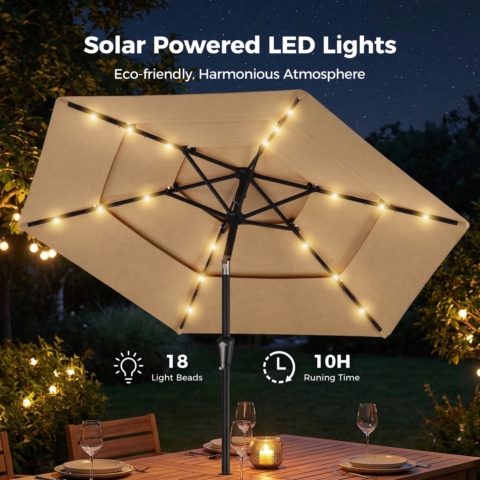 Patbrela 9ft 3-Tier Solar Patio Umbrella with LED Lights, Tilt Adjustment Outdoor Umbrella, Market Sun Shade for Beach, Backyard, Deck, Poolside, Beige