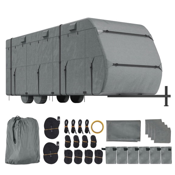 Heavy-Duty 28-31 ft Travel Trailer Cover, 300D Waterproof RV Camper Cover with Windproof Straps, Includes Storage Bag&Tire Covers