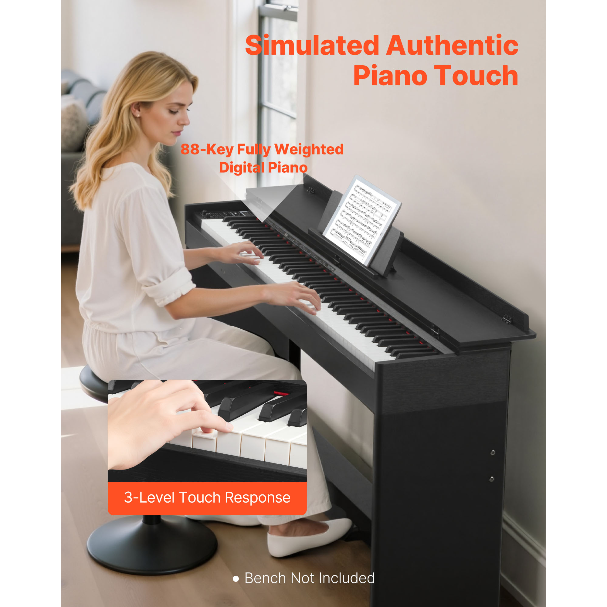 KFFKFF 88-Key Weighted Digital Piano with Stand, Power Adapter, Triple Pedal, 680 Tones, Wireless Connectivity, Headphones, and Accessories for Beginners