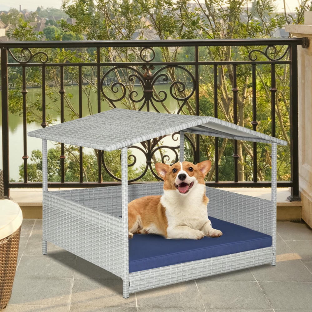 Spaco Wicker Dog House with Waterproof Roof and Washable Cushion Cover-Navy, Dog House, Indoor Outdoor Durable Ventilate Waterproof Pet Dog House