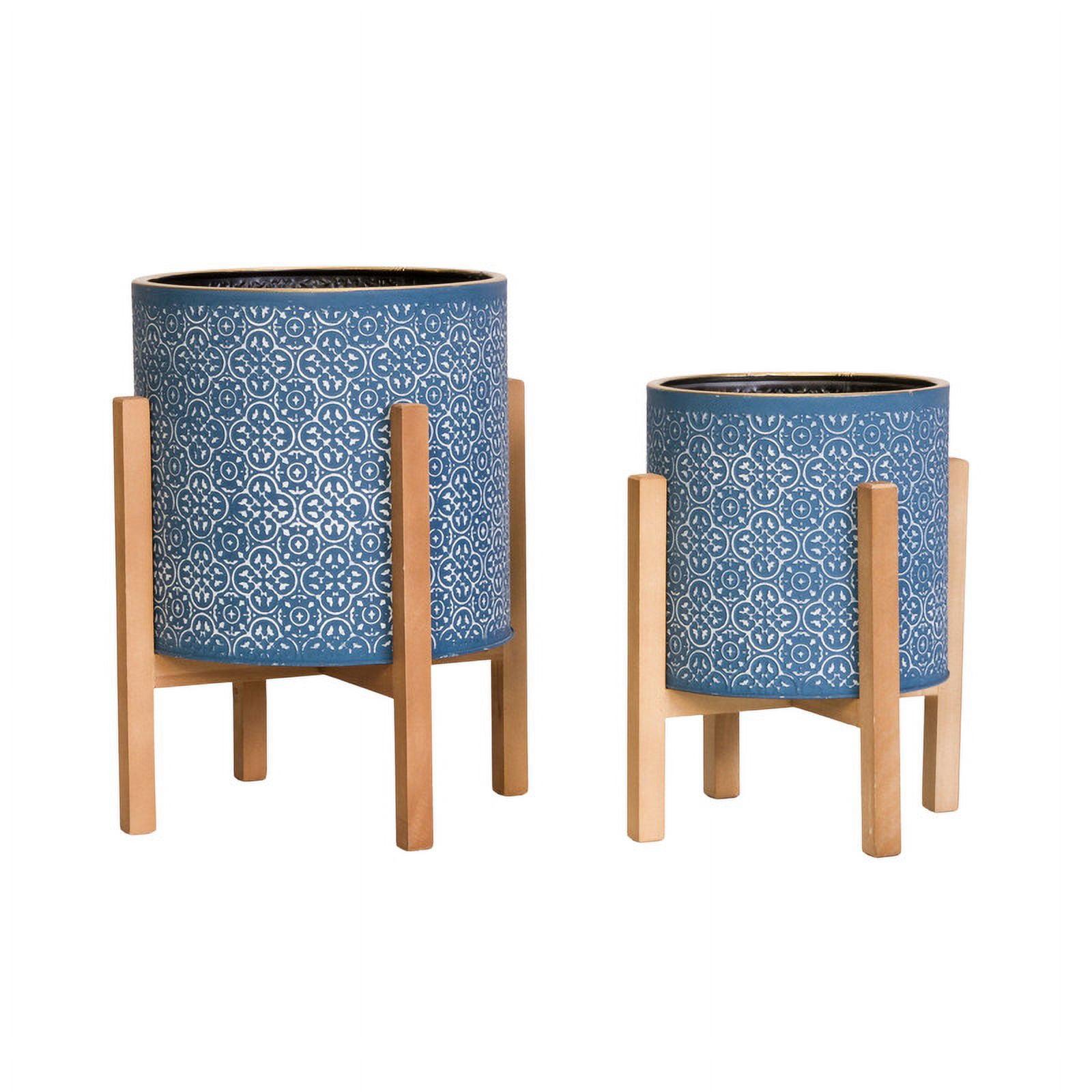 2-Piece Modern Metal Planter Pot With 4-Leg Wood Base - Blue - 14.75"H x 12"W / 12"H x 10"W