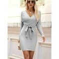 thumbnail image 4 of Women'S Long Sleeve Bodycon Sweater Dress V Neck Cable Knit Slit Midi Dresses with Belt Gray XL, 4 of 9