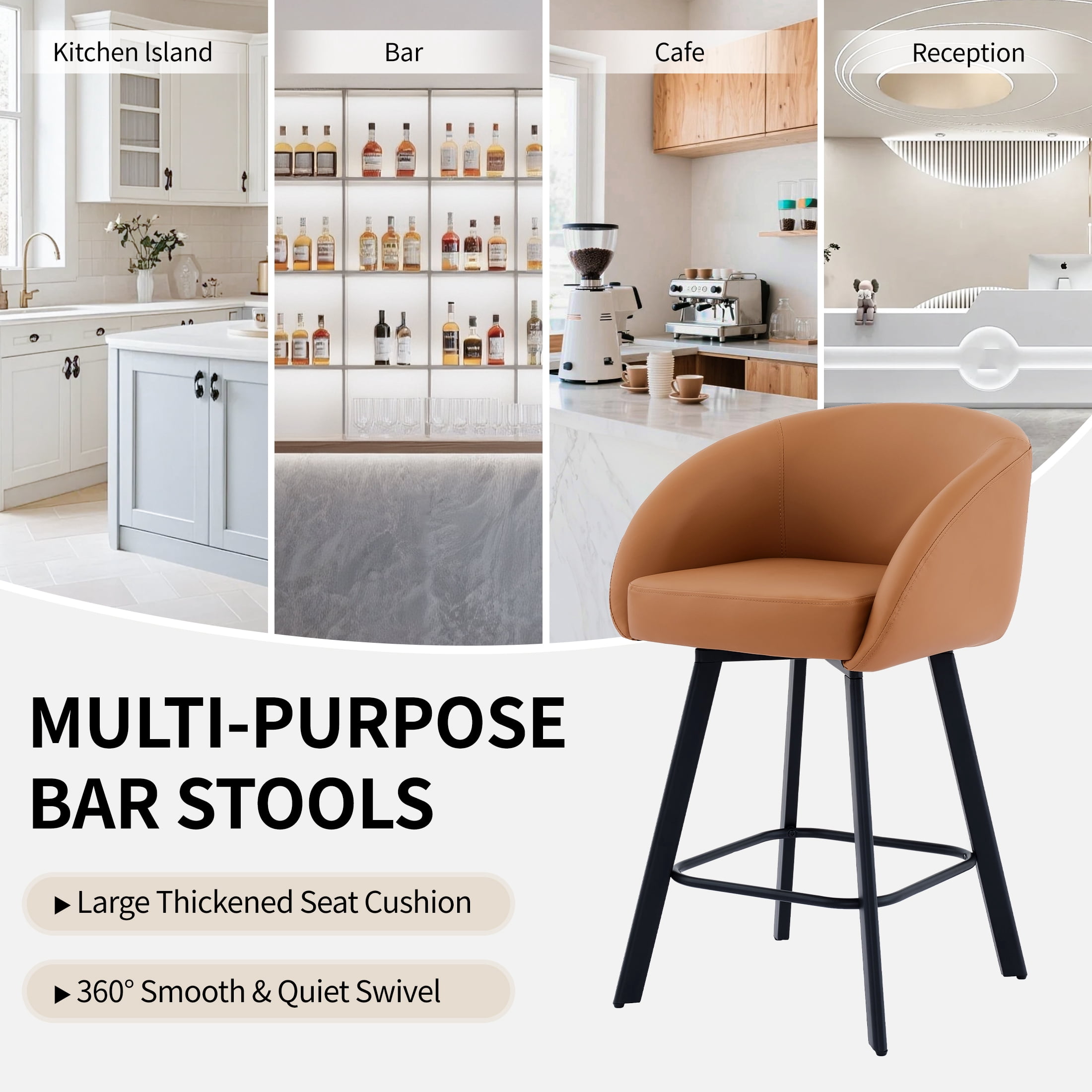 FIRAVOE Swivel Bar Stools Set of 2, 26" Counter Height Bar Stools with Back, Faux Leather Bar Chair Kitchen Barstools Counter Stools, Camel Brown