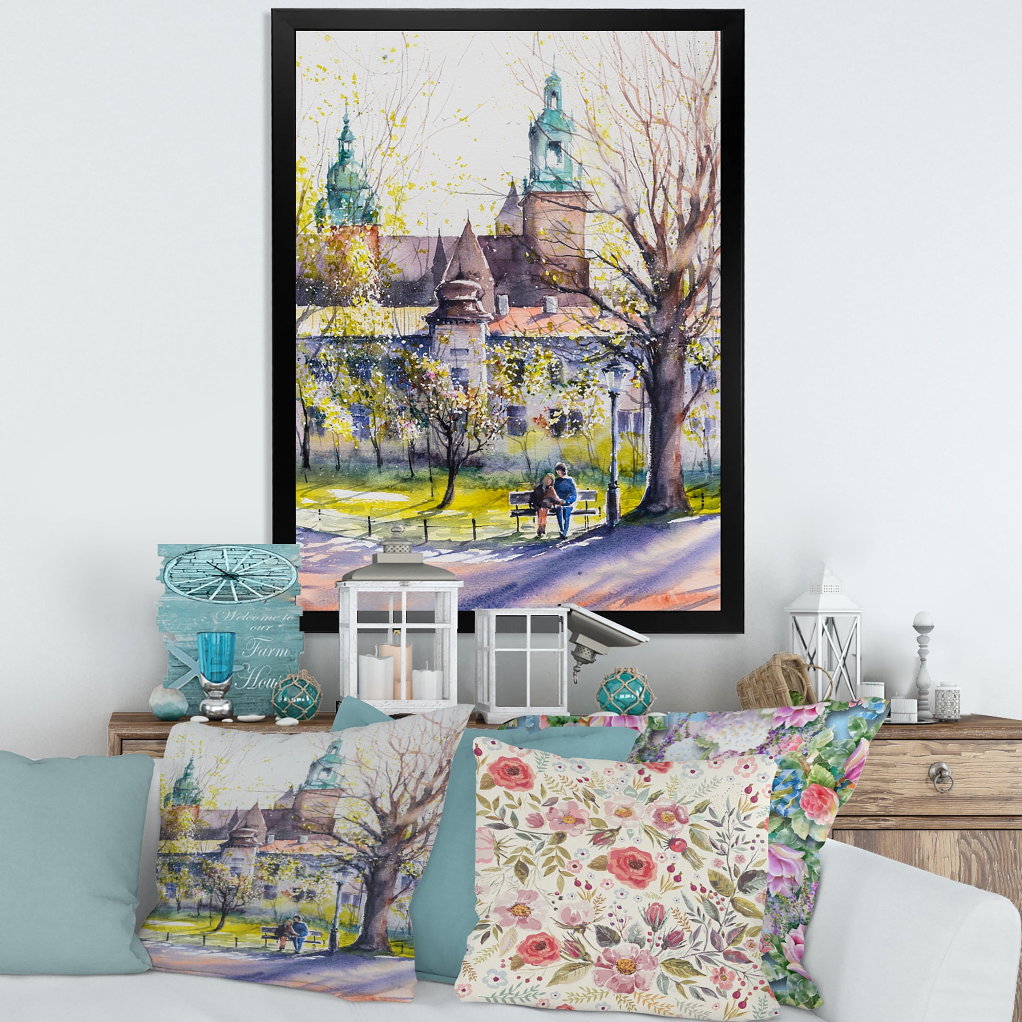 Designart 'Castel Through The Trees of The Park With Couple Sitting on Bench' Country Framed Art Print