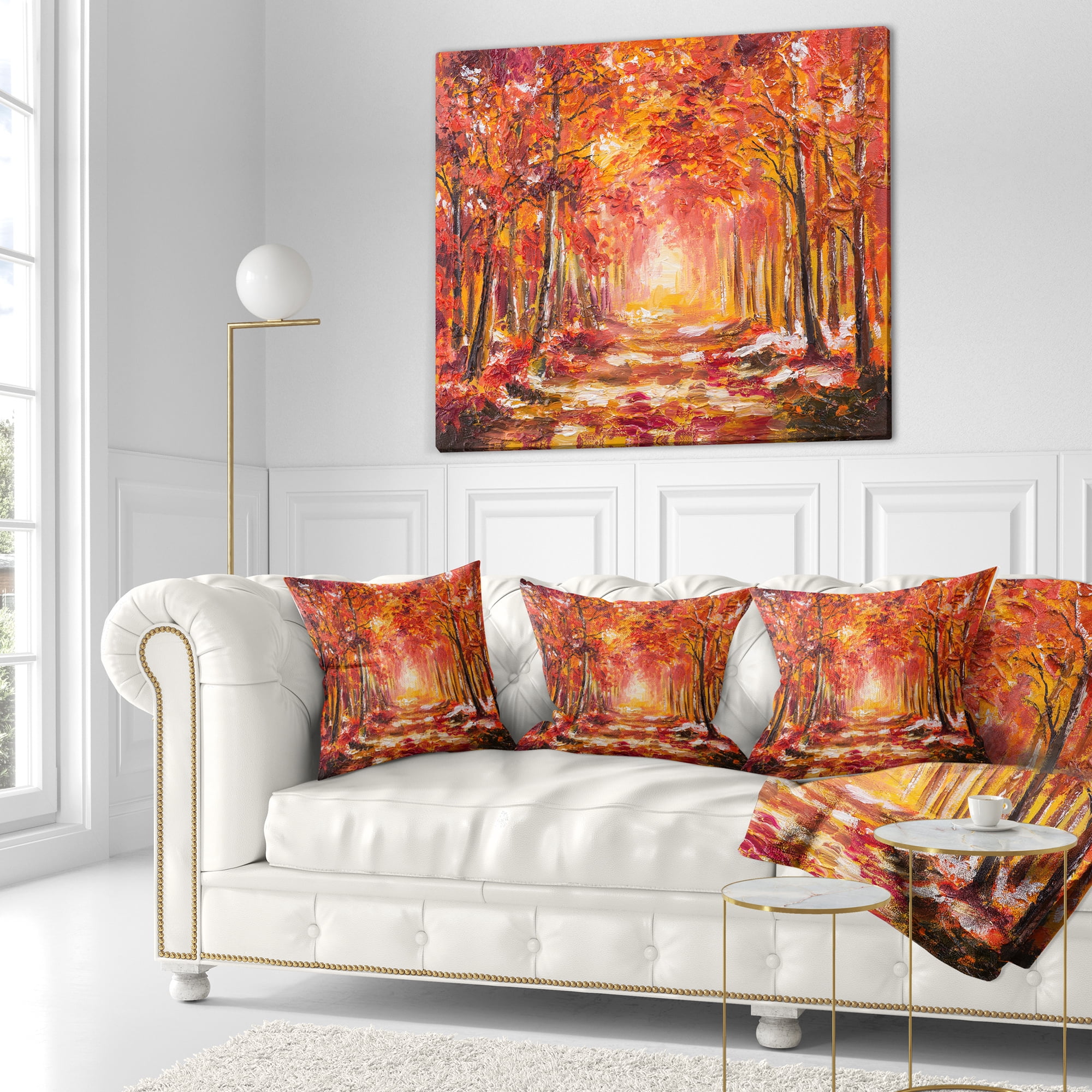 Designart Autumn Forest in Red Shade - Landscape Printed Throw Pillow - 16x16