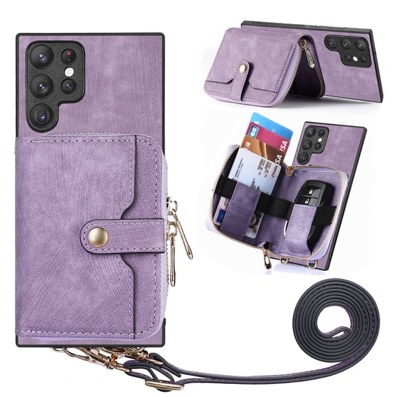 ELEHOLD Crossbody Case for Samsung Galaxy S24 Ultra,Premium PU Leather Back Card Slot Zipper Wallet Shockproof Anti-Drop Protective Case with Shoulder Strap Women Girls for Samsung S24 Ultra,Purple