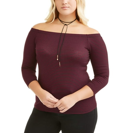 Juniors' Plus 3/4 Sleeve Off Shoulder Stripe Top