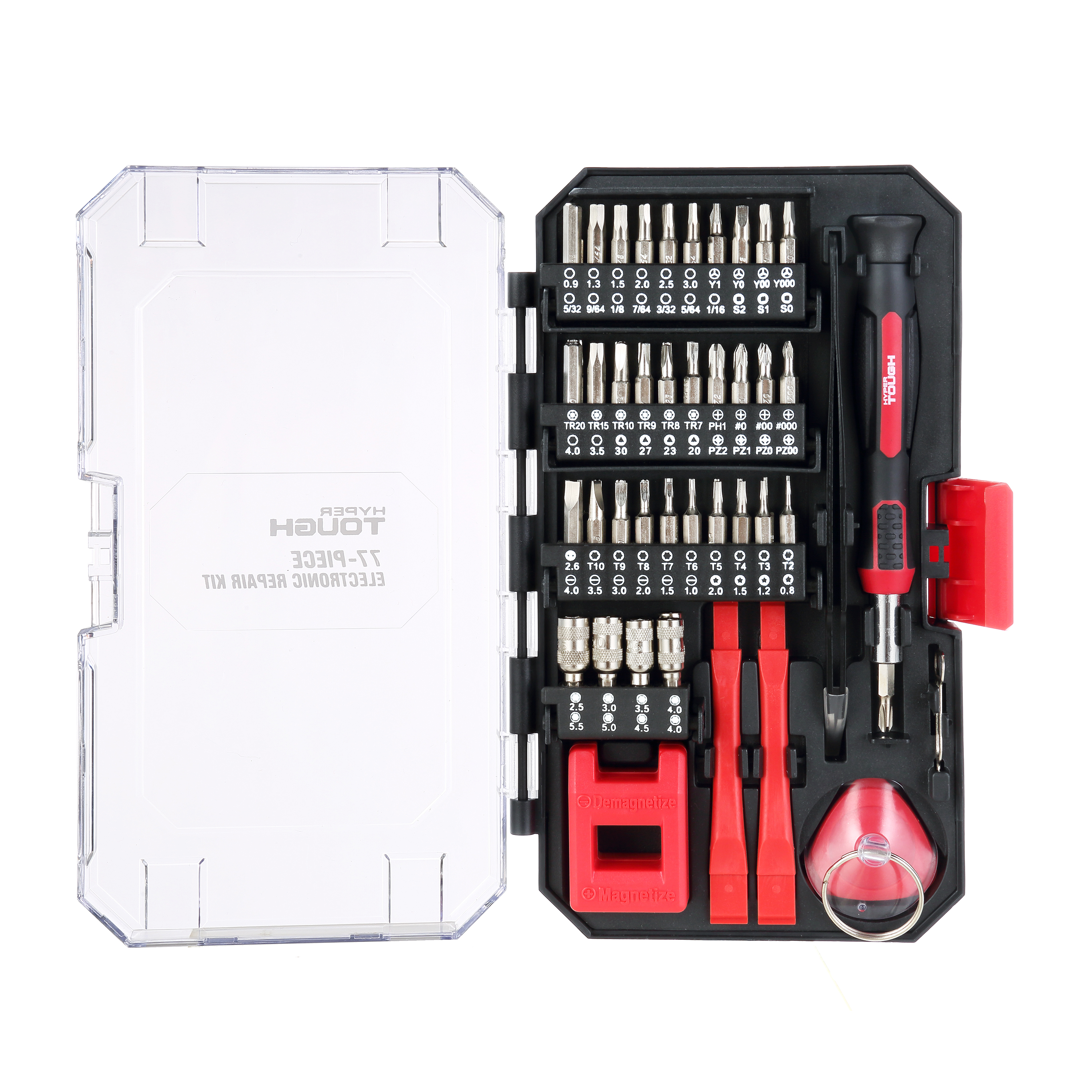 Kit de precisión Hyper Tough de 77 piezas con destornillador magnético, puntas de tamaño estándar y estuche, condición nueva 3