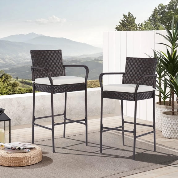 TerraOutfit 30" Patio Bar Stools Set of 2 Wicker Outdoor Bar Chairs Rattan Chairs All-Weather Patio Furniture with Footrest Armrest and Khaki Cushion for Garden Pool Lawn Backyard, Brown