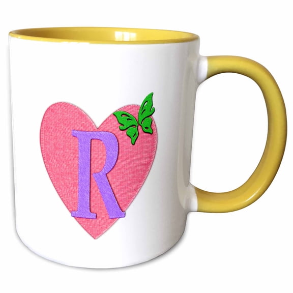 3drose, Letter R- Image of Pink Heart with Butterfly- Not Actual Embroidery, 15oz Two-tone Yellow Mug