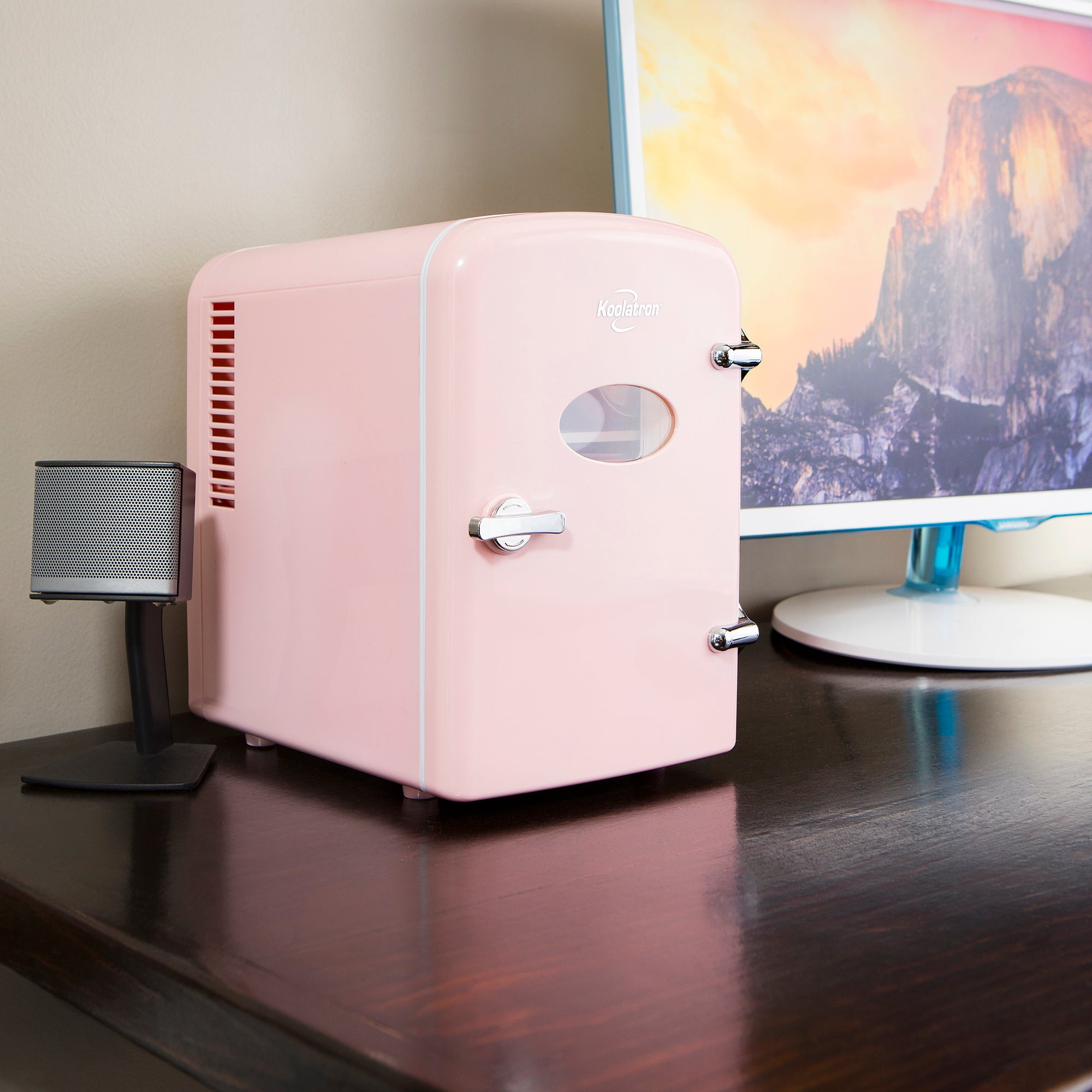 Koolatron Retro Mini Portable Fridge, 4L Compact Refrigerator for Skincare, Beauty Serum, Face Mask, Personal Cooler, Includes 12V and AC Cords, Desktop Accessory for Home Office Dorm Travel, Pink