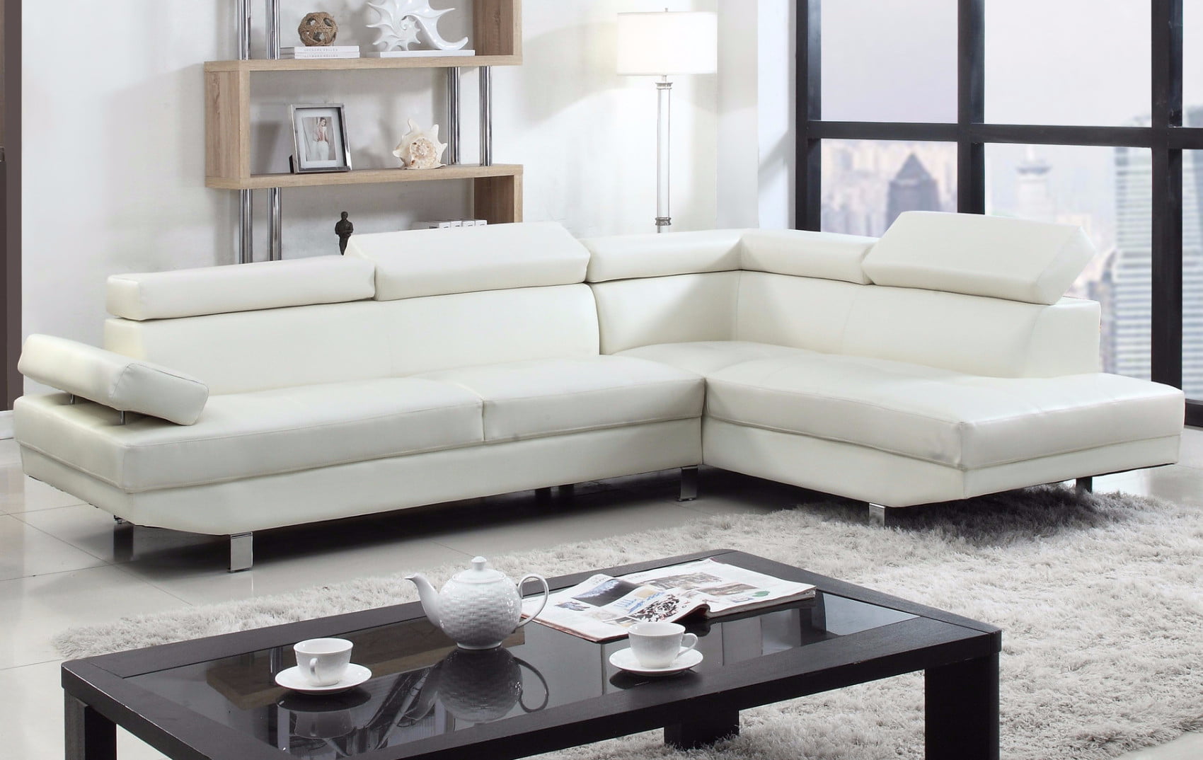 Modern Contemporary Design 2 Tone Microfiber Bonded Leather Sectional Sofa White 