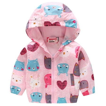 

1-6T Kids Girls Waterproof Windbreaker Printed Hooded Jackets Lined Rain Jackets - Pink Bear