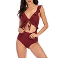 thumbnail image 2 of Uaswgudfs Women's Deep V-Neck One-Piece Swimsuit with Ruffled Trim Accents, Adjustable Tie Details, Ribbed Stretch Fabric Wine S, 2 of 5
