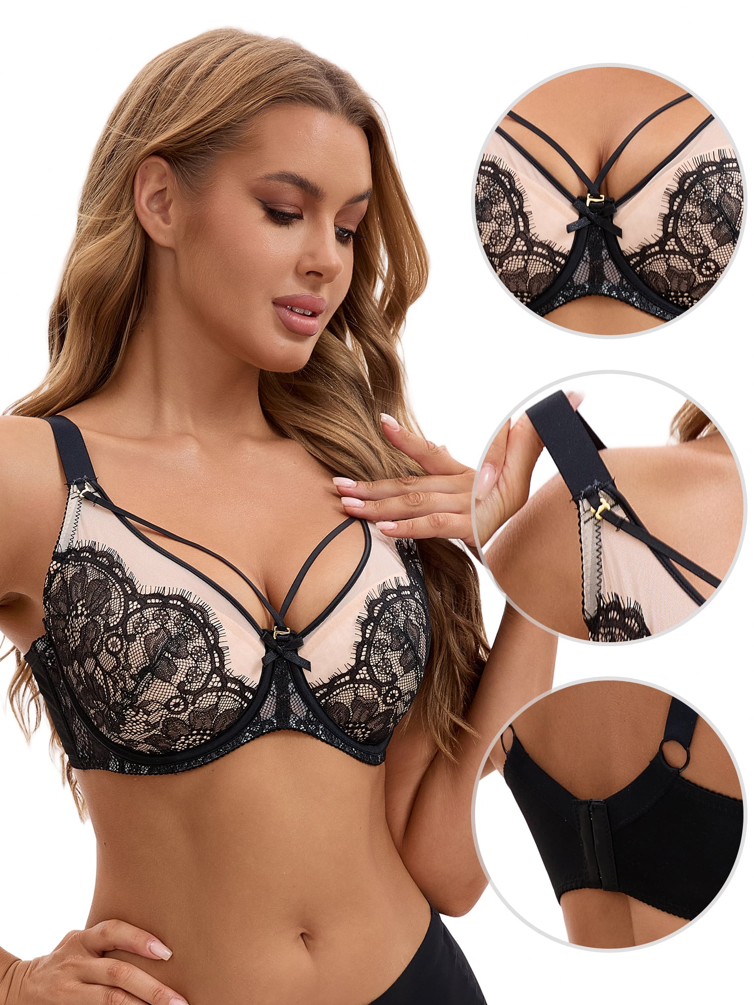 Unique Bargains Women's Lace Mesh Full Coverage Underwire Bras Black 38 C