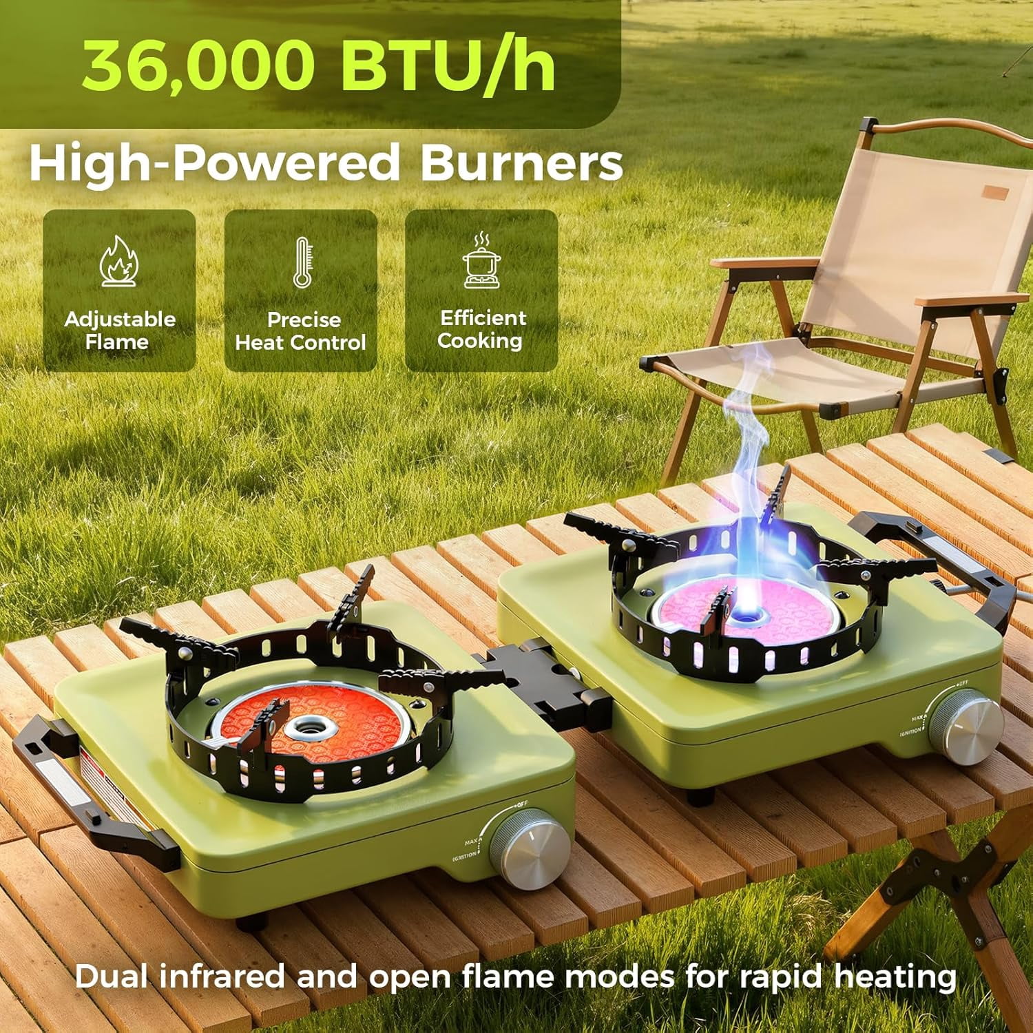 Camping Stove 2 Burners, 36000BTU Propane Camp Stove with Windproof Grates, Portable Folding Camping Gas Stoves Include Frying Pan & Carry Bag for Camp out, Cooking Outdoor, Tailgating, Green