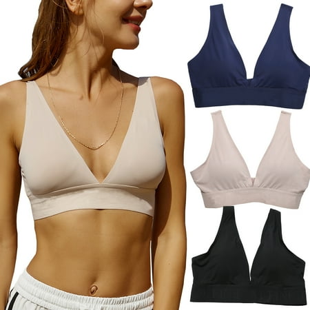 Finetoo Women s Seamless Plunge Bra Deep V-Neck Wireless Comfort Bras Unlined Triangle Bras Ultra Light Soft Stretch Bralettes 3 Pack