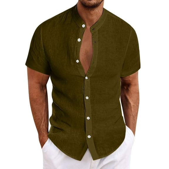 Yiaimeir Casual Business Solid Color Short Sleeve Shirt Mens Stand Collar Button-Down Shirt,Size M-5XL