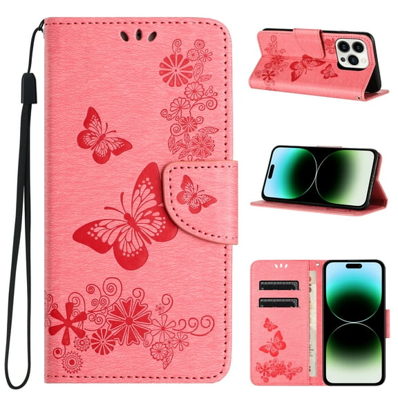 TECH CIRCLE Case for iPhone 15 Pro Max (2023) - [Embossed Butterfly Pattern] Protective PU Leather Wallet Case with [Card Holder /Wrist Strap] Fold Stand Folio Cute Cover Shell, Pink